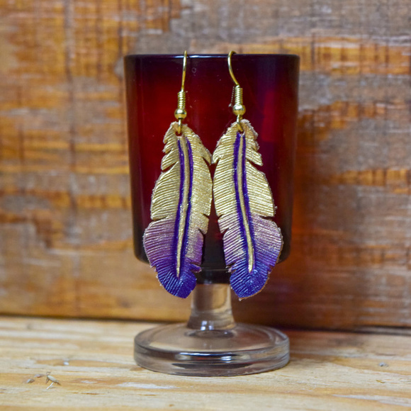 Genuine Leather Feather Earrings in Purple & Gold - Picture 1 of 3